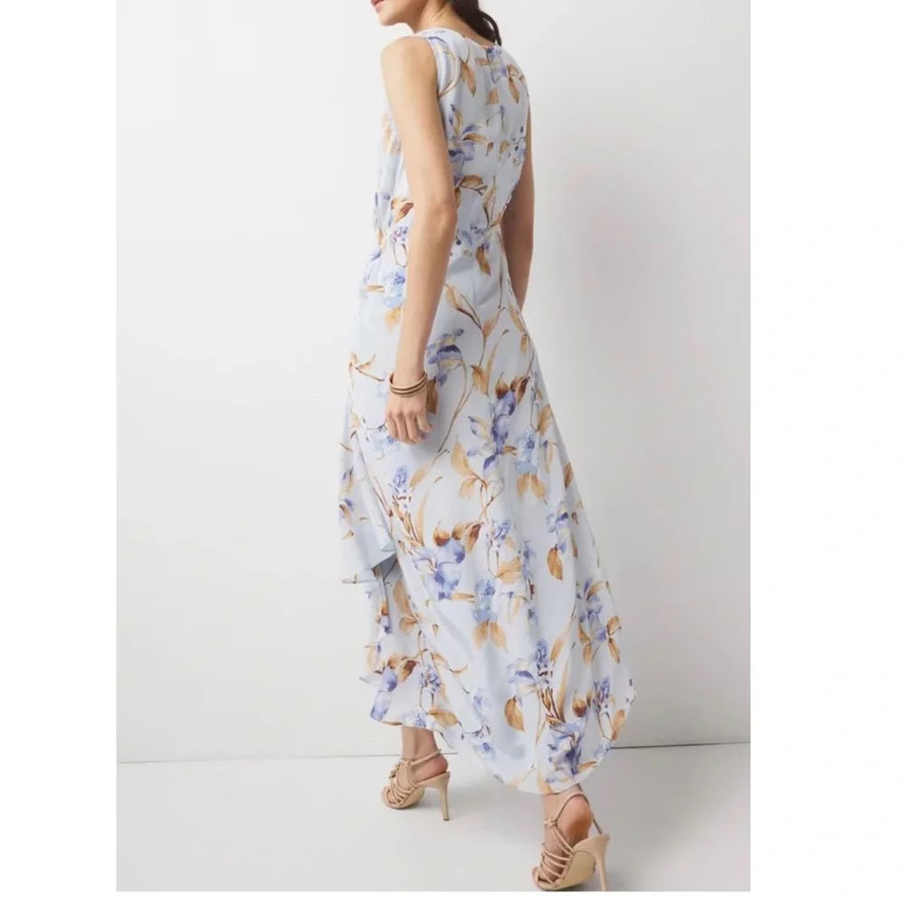 White House Black Market Cowl Neck Ruched Midi Floral Dress Size 10 Light Blue - Picture 3 of 14